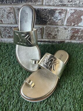 Michael Kors Metallic Gold MK Toe-Loop Slide Sandals